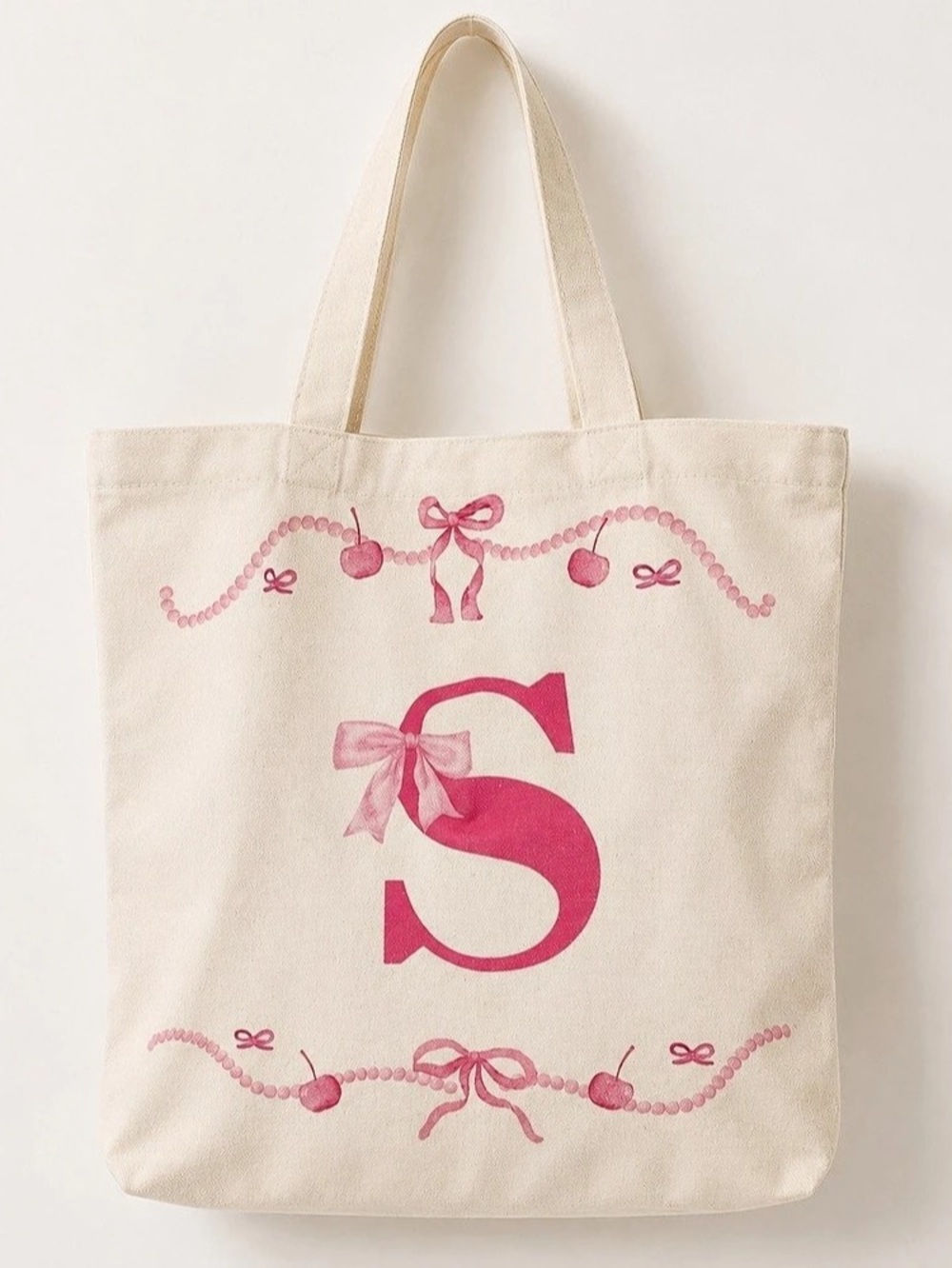 Coquette Pink Cherry Bow Initial S Canvas Tote Bag